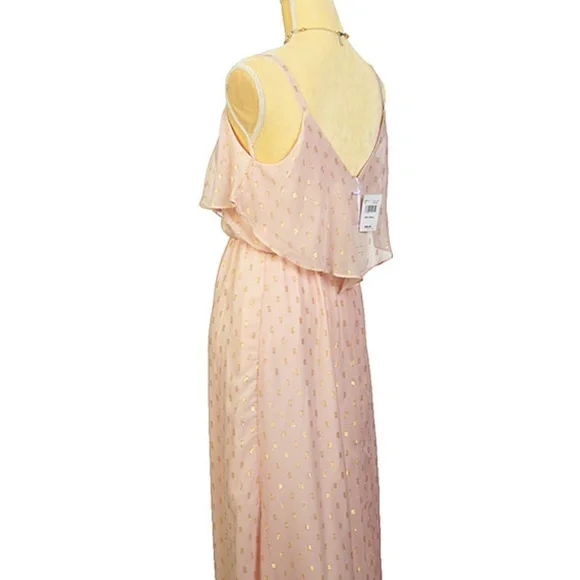 Maxi Blush/Gold Dress Spaghatti Straps Ruffled Front & Back Sz S - Picture 8 of 8
